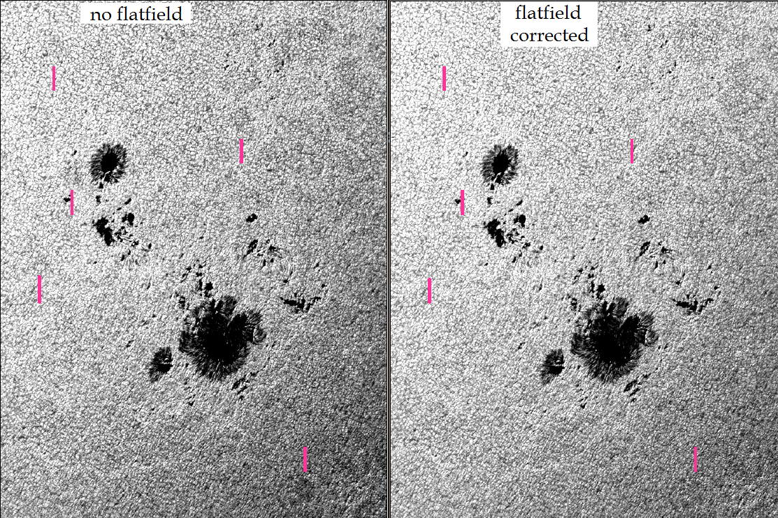 Comparison of image calibrated for flatfield and darkframe with uncalibrated image